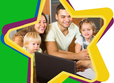 Family Resource Specialist image: mother, father and two children looking at a laptop